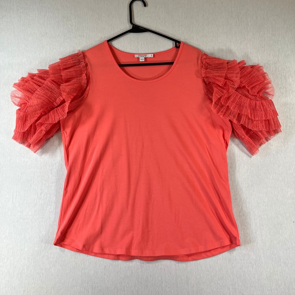 Chicos Top Size 2 L Coral Ruffle Mesh Sleeve Large Cotton Blend Crew Neck Tee
